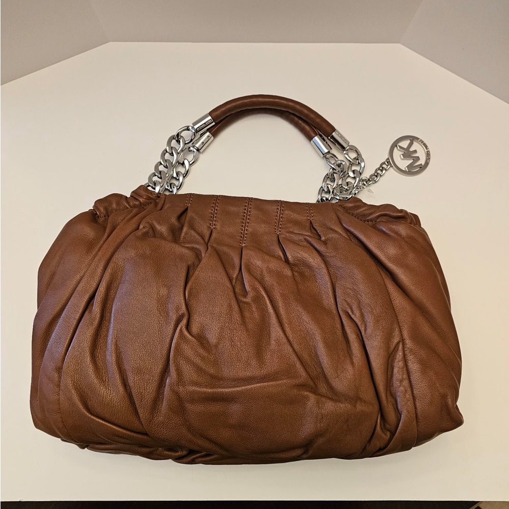 Michael Kors Brown Leather Shoulder Bag with Silver Accents